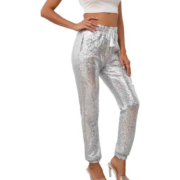 Womens Large Silver Polyester Glitter Sequin Joggers Pants - Picture 3 of 6